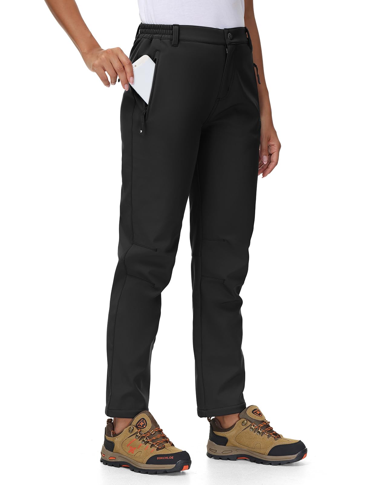 TBMPOY Women's Ski Snow Pants Waterproof Windproof Fleece Lined Warm Hiking Insulated Softshell Cargo Pant 4 Pockets Black M