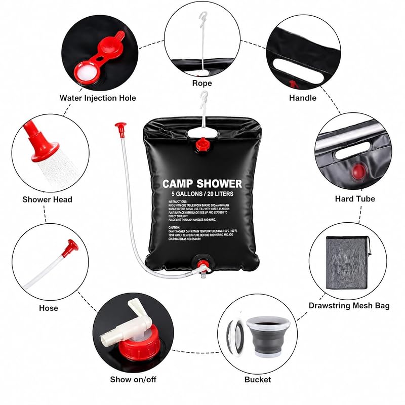 5 Gallon Portable Camping Shower Bag with Collapsible Water Bucket – Outdoor Shower Kit for Hiking, Beach & Travel