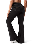 SEASUM Cargo Yoga Flare Leggings for Women Flap Pockets Butt Lifting Workout Gym Contrast Stitching Bootcut Casual Pants Imitation Jeans Black XL
