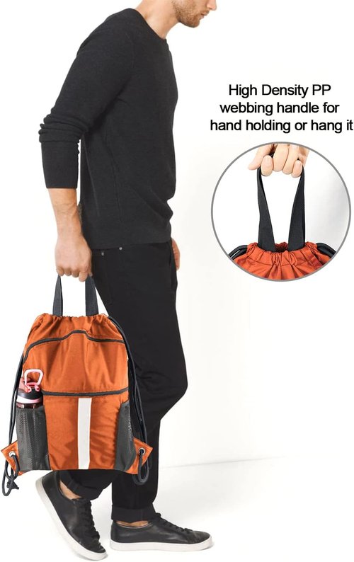 BeeGreen Drawstring Backpack - X-Large Black Gym Bag with Shoe Compartment & Cinch Closure