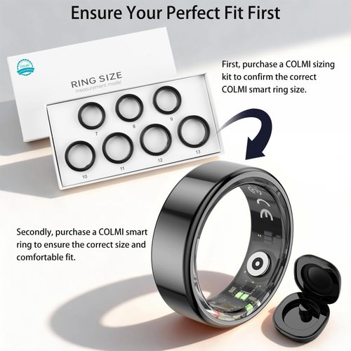COLMI R02 Smart Ring - Heart Rate & Sleep Monitoring | Charging Case Included, Black, Size 7