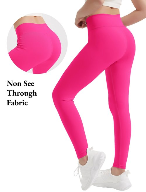 EXARUS 4 Pack Girls Leggings Kids Athletic Yoga Pants Crossover V Waist High Waisted with Pockets Compression for School Dance Black Grey Pink Hot Pink 10Y