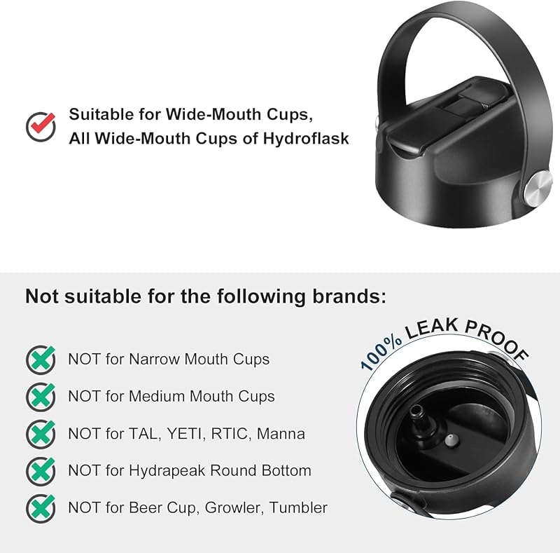 SENDESTAR Straw Lid for Wide Mouth Hydro Flask 12-64 oz – Black 2 Pack, Auto Flip, Leakproof
