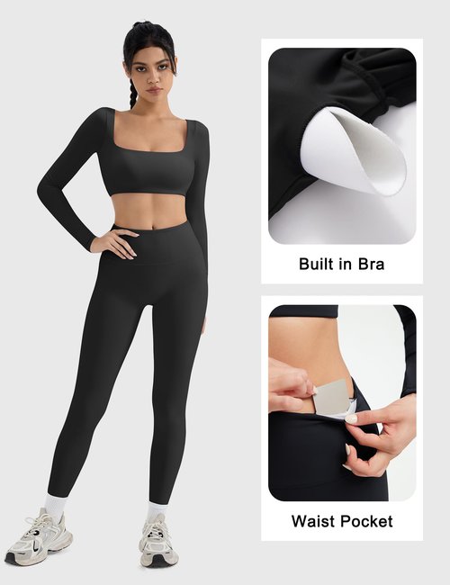 SUUKSESS Women 2 Piece Workout Sets Compression Yoga Pants with Pockets Long Sleeve Square Neck Padded Sports Bra Tummy Control Leggings (Black, M)