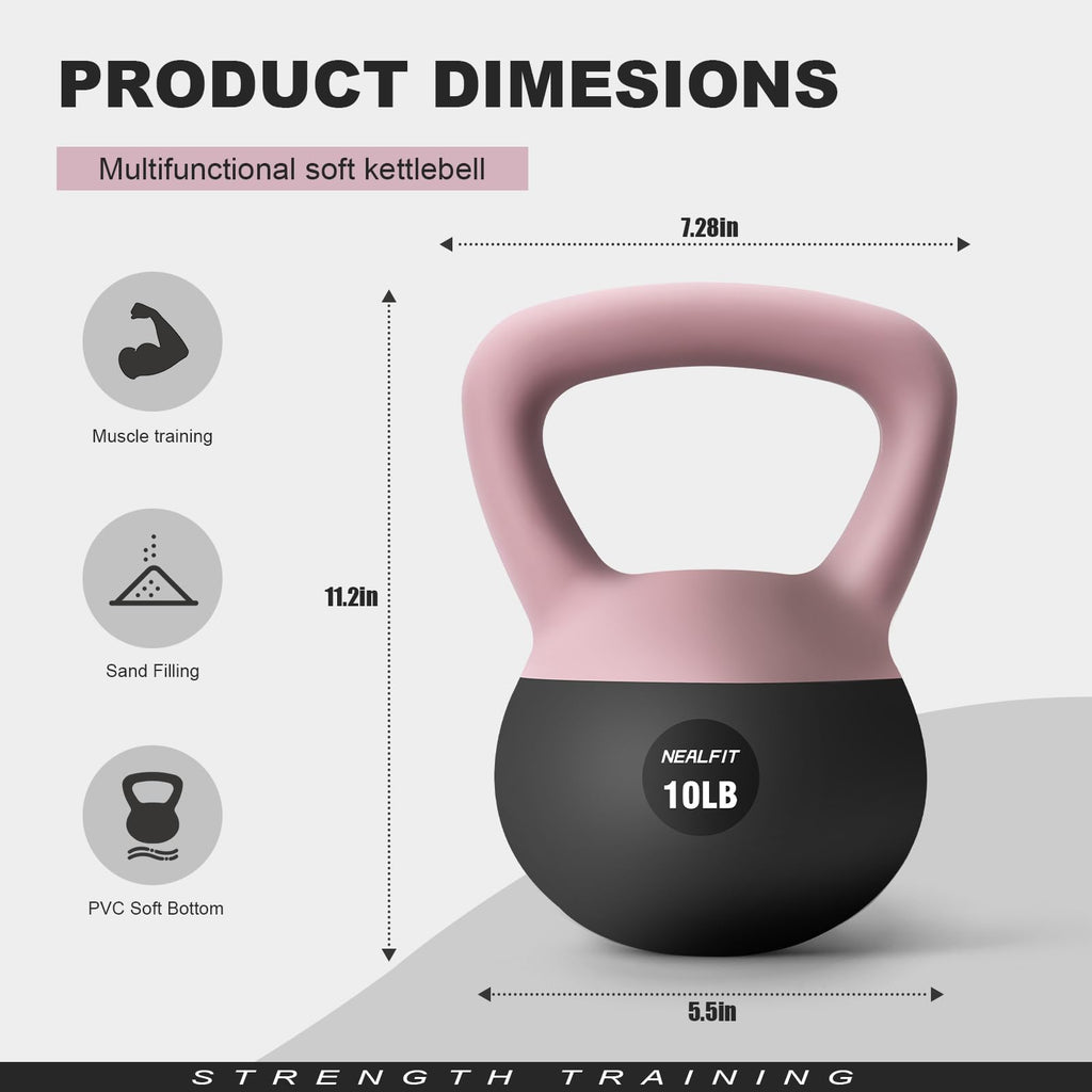 NEALFIT Soft Kettlebell 5LB/10LB/15LB/20LB/25LB, Kettlebells for Home Gym Strength Training, Anti-Slip Fitness Weights for Men Women (5LB Pink-Graphite Black)