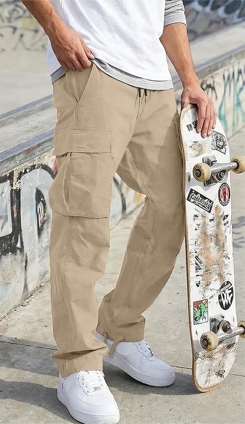 HUNGSON Mens Cargo Pants Drawstring Casual Hiking Pants Joggers Athletic Trousers Cotton Loose Straight Sweatpants for Men Beige