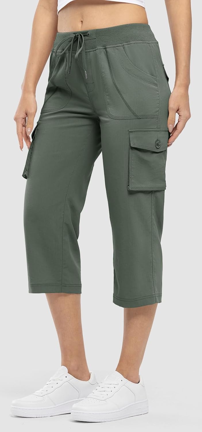 Rdruko Women's Cargo Capris - Lightweight Quick-Dry Hiking Pants with Pockets | Summer Casual Cropped Style