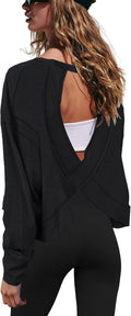 Gacaky Women's Open Back Workout Top - Loose Fit Long Sleeve Athletic Crop Shirt for Gym & Dance