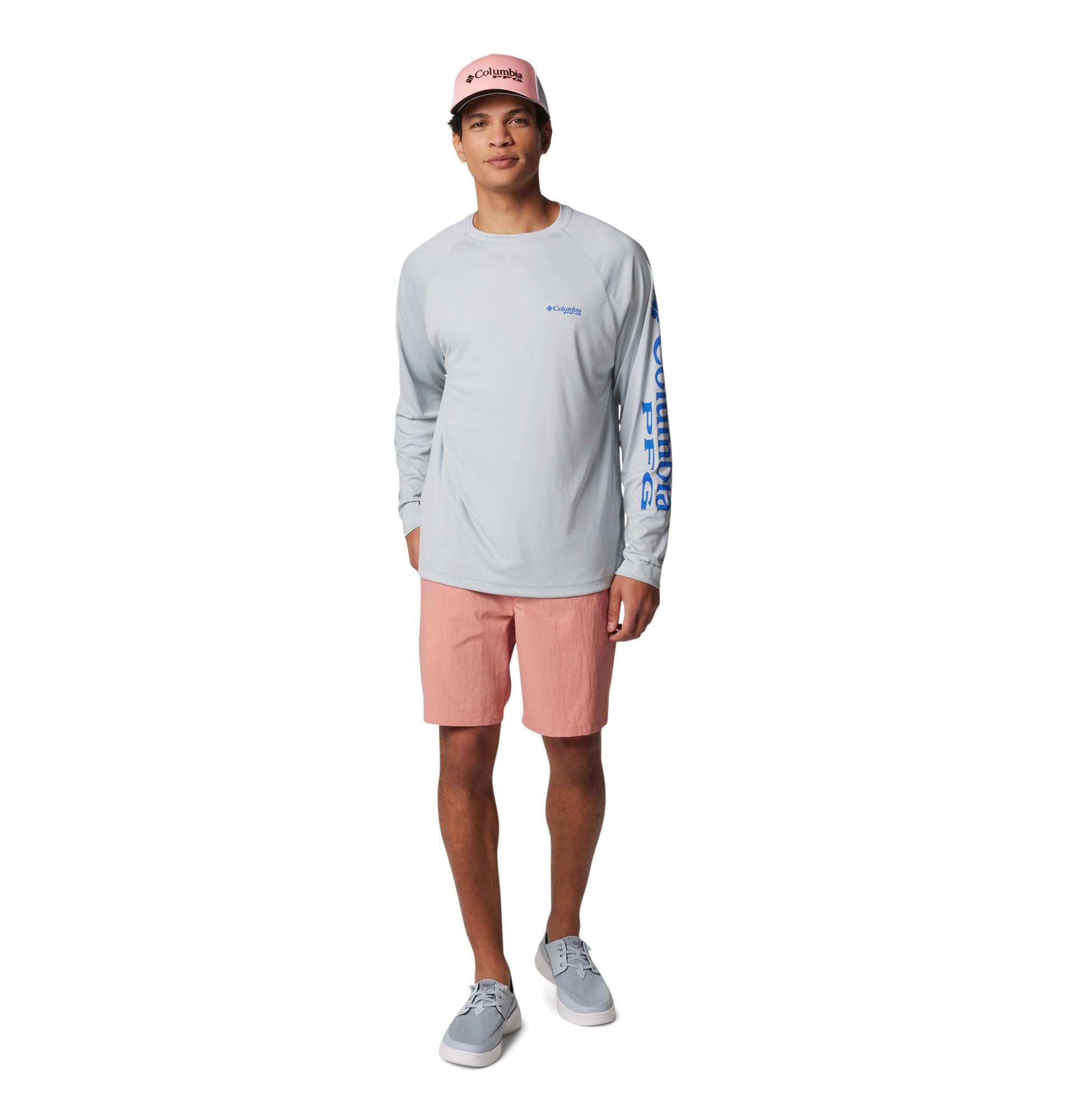 Columbia Men's PFG Terminal Tackle Long Sleeve Fishing Shirt, Cool Grey/Vivid Blue Logo, X-Large Tall