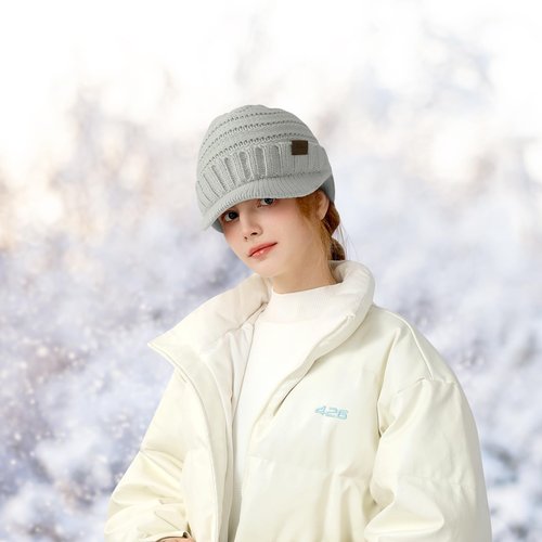 Winter Hats for Women - Warm Cute Knit Winter Hat, Casual Stylish Knitted Beanie Hat for Women, Soft Stretch Womens Winter Hats with Visor, Gray