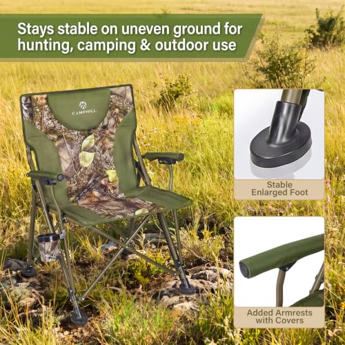 CAMPHILL Camo Heavy Duty Folding Camping Chair with Armrests & Headrest, Supports 450 lbs