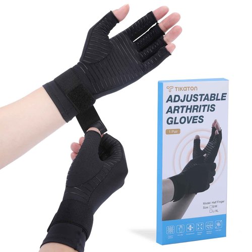 Tikaton Copper Infused Compression Arthritis Gloves with Wrist Strap for Hand Pain, Carpal Tunnel, Tendonitis, Swelling, Crocheting, Typing, Fits Women & Men (Small/Medium, 1 Pair)