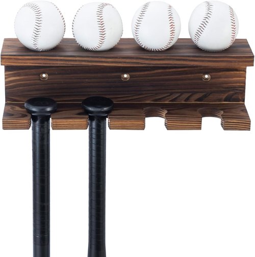 MyGift Wood Baseball Bat Holder - Wall-Mounted Display Shelf for Sports Memorabilia & Collectibles