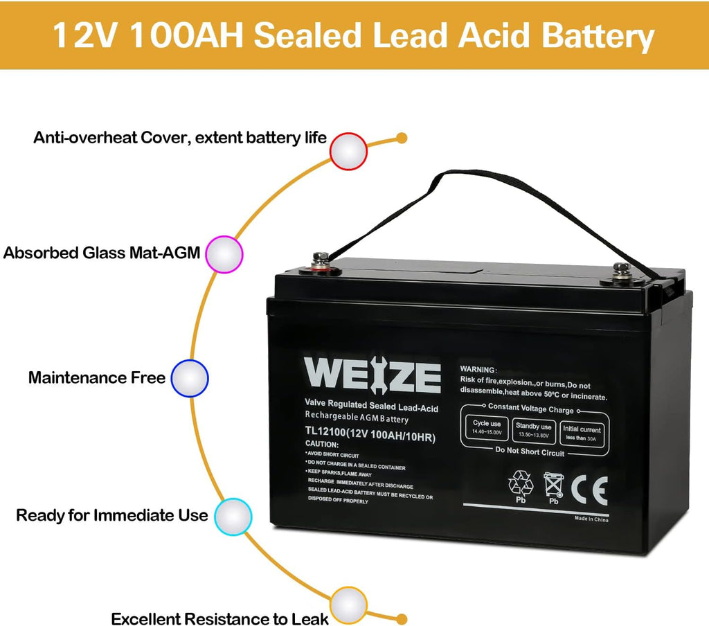 Weize Deep Cycle AGM Battery - 12 Volt 100Ah | Maintenance-Free, 1150A Max Discharge for RV & Solar
