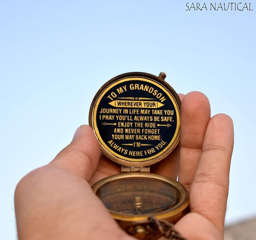 Gift for Grandson Brass Compass Engraved Quote | Memory Present to My Grandson Birthday, Baptism, Graduation, Confirmation, Love, Gift idea by Grandpa Grandma (Grandson - Always Here for You)