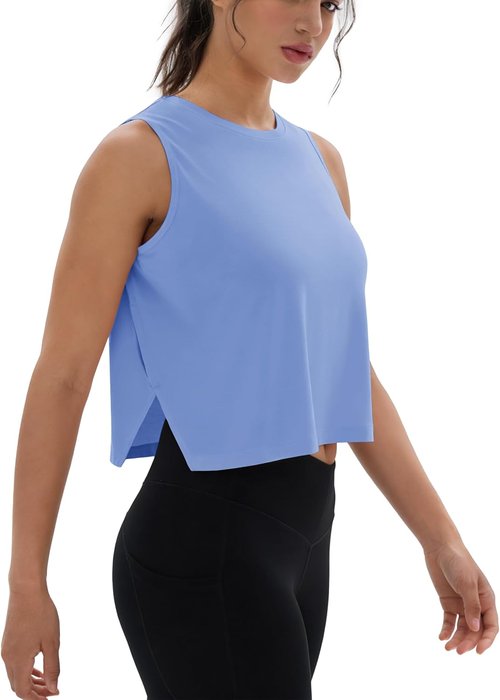 MAGCOMSEN Women's Crop Tank Top - Sleeveless Workout Shirt with Side Slits for Gym & Yoga