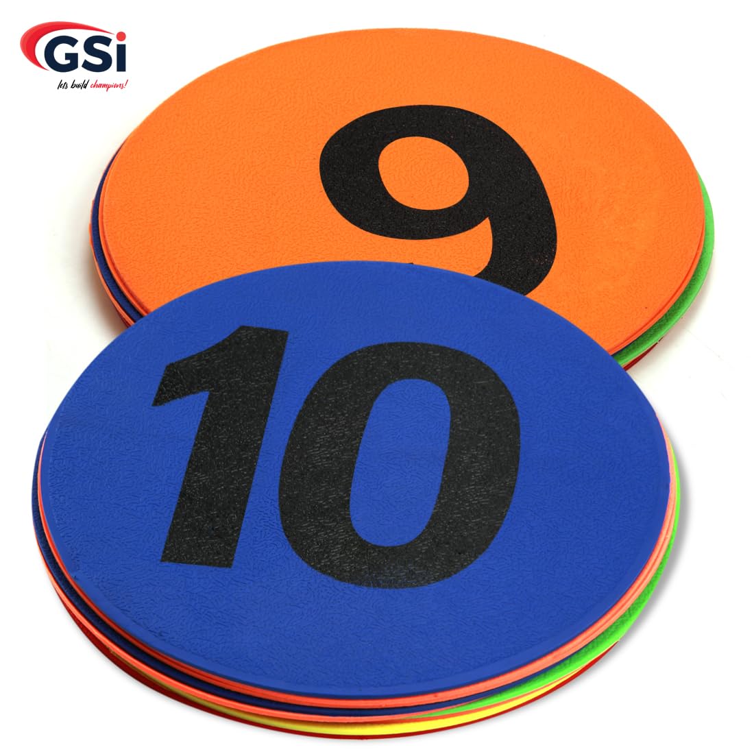 GSi 8" Numbered Poly Spot Markers (1-10), Anti-Skid, Durable, Non-Toxic Floor Dots for Math, Classroom & PE. Bright, Washable Sitting Spots for Preschool & Training (Pack of 10).