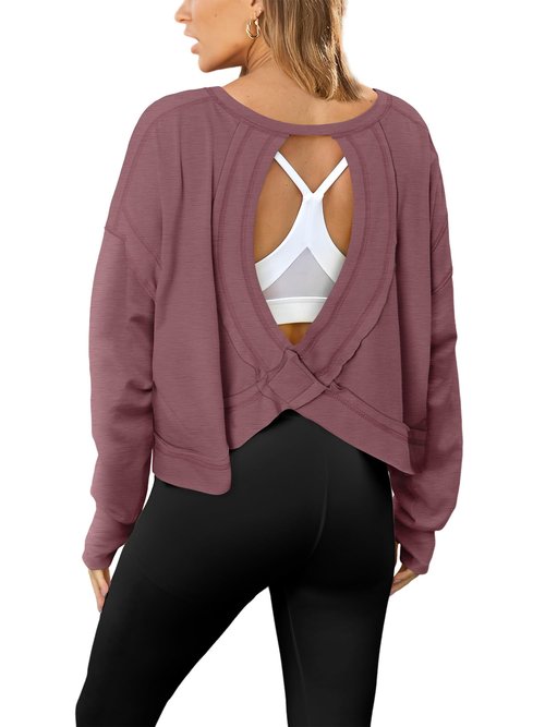 Magritta Open Back Workout Tops for Women Sweatshirt Long Sleeve Cropped Athletic Clothes Gym Running Yoga Low Impact Sports T Shirts Mauve S