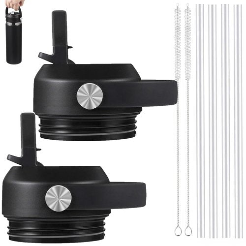 2-Pack Straw Lid Replacement for Yeti Rambler 26/36/46/64 oz & Jr 12/18 oz | Leak-Proof Chug Cap with Handle & Trimmable Straws | BPA-Free Bottle Accessories Kit (Black)