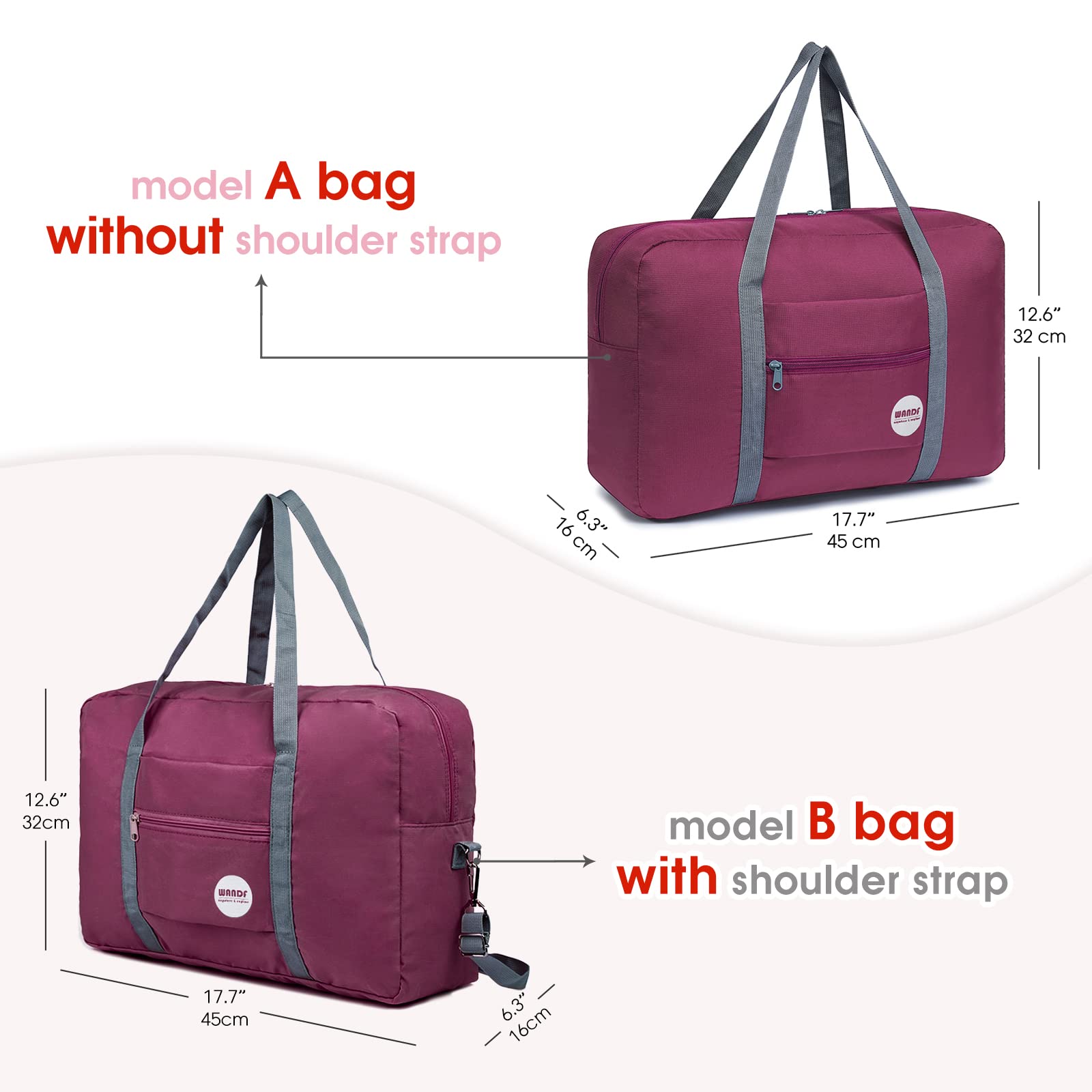 WANDF Foldable Travel Duffel Bag Luggage Sports Gym Water Resistant Nylon (Wine Red)