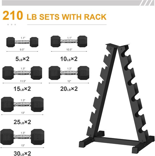 GarveeLife Premium Rubber Coated Hex Dumbbell Weight Set - 210 LBS (6 Pairs) for Home Gym Workouts