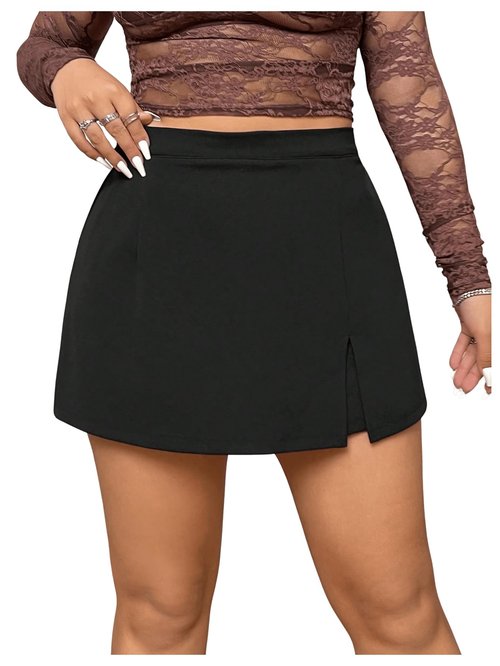MakeMeChic Women's Plus Size High Waisted Skirt Split Hem Skorts Shorts Black X-Large Plus