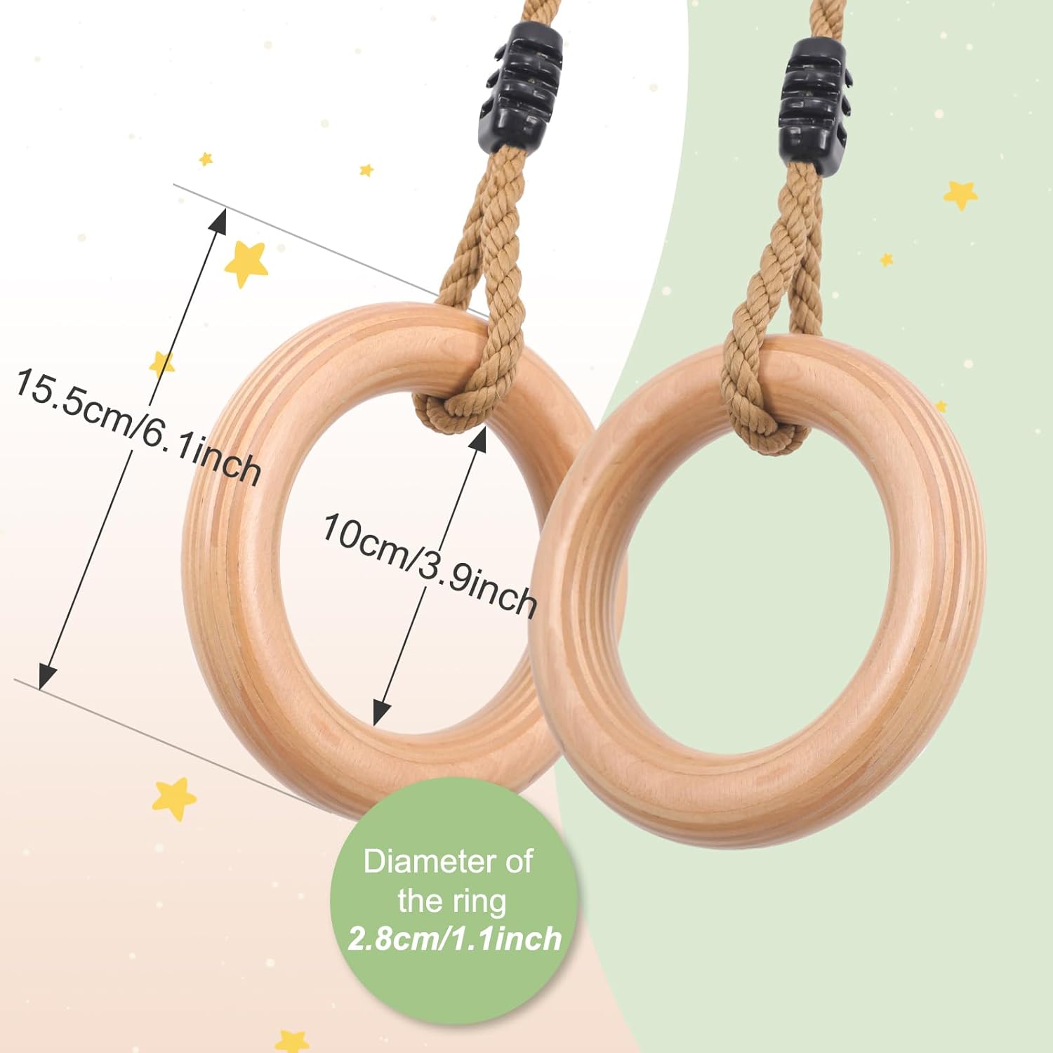 YAERSI Wooden Gymnastics Rings - Adjustable Pull-Up Rings for Kids' Home Exercise | Durable & Versatile