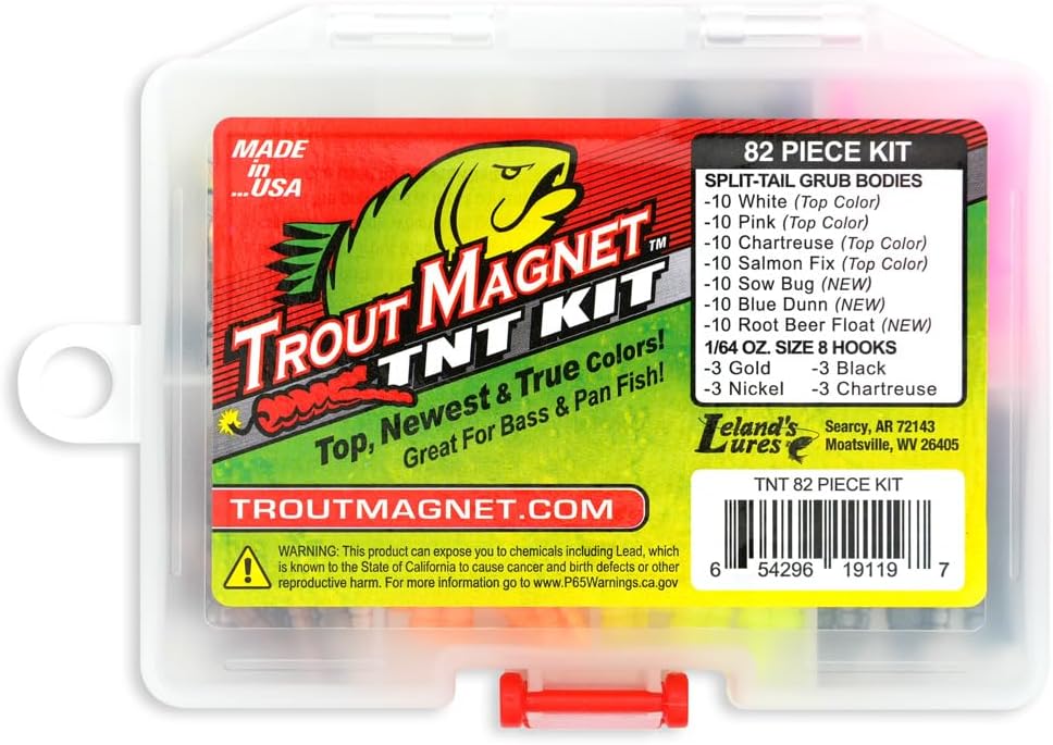 Trout Magnet TNT Kit - 82-Piece Fishing Lure Set with 70 Soft Plastics & 12 Jig Heads | Top 7 Colors