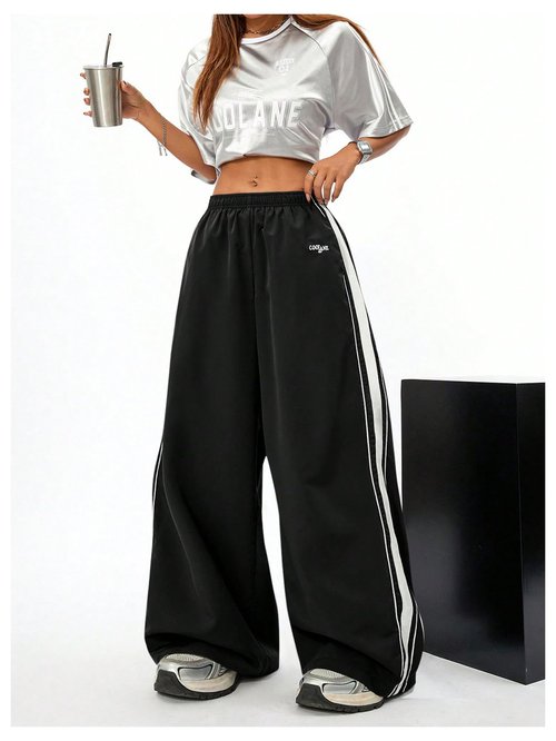 GORGLITTER Women's Baggy Sweatpants Track Pants Joggers Y2k Bottoms Wide Leg Striped Oversized Sweat Pants Streetwear Black Medium