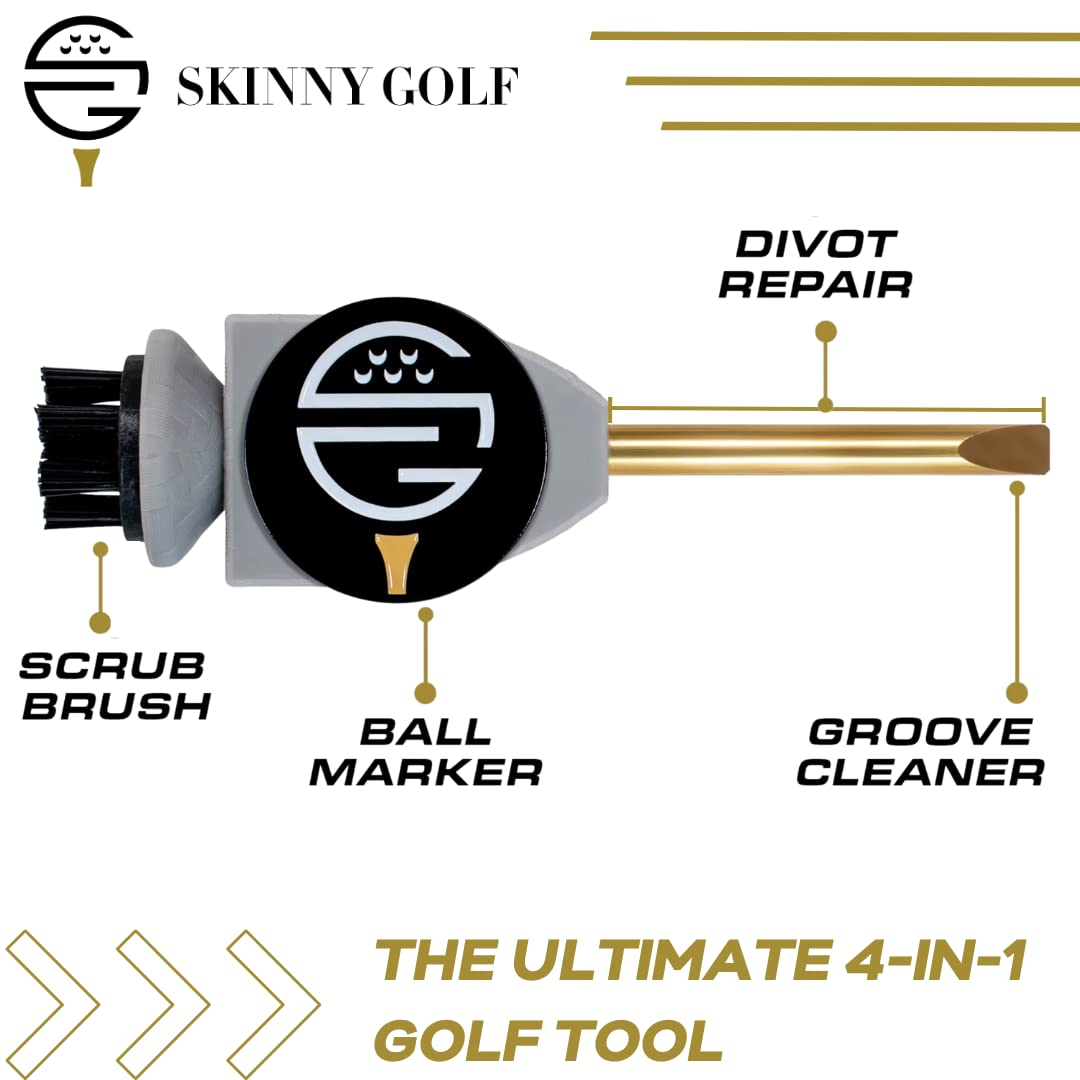 Skinny Golf Pocket Caddie | The Ultimate 4-in-1 Golf Tool | with Scrub Brush, Brass Tip Groove Cleaner, Divot Repair & Ball Marker | Fits Easily in Your Pocket | Holds Any Ball Marker (Red)