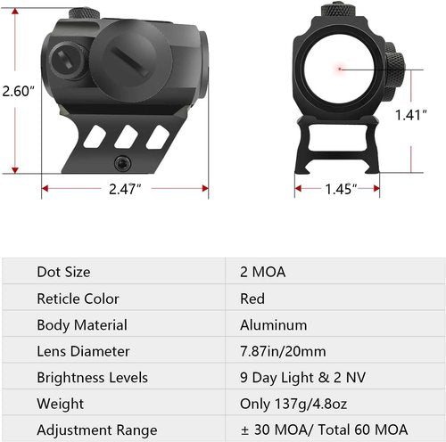 2MOA Red Dot Sight - Motion Awake Technology, 11 Brightness Levels, IPX7 Waterproof, 1000G Shockproof, 20mm Rail Mount