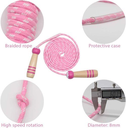 Jump Rope Kids, 7ft Adjustable Cotton Skipping Rope with Wooden Handle for Boys and Girls Fitness Outdoor Exercise