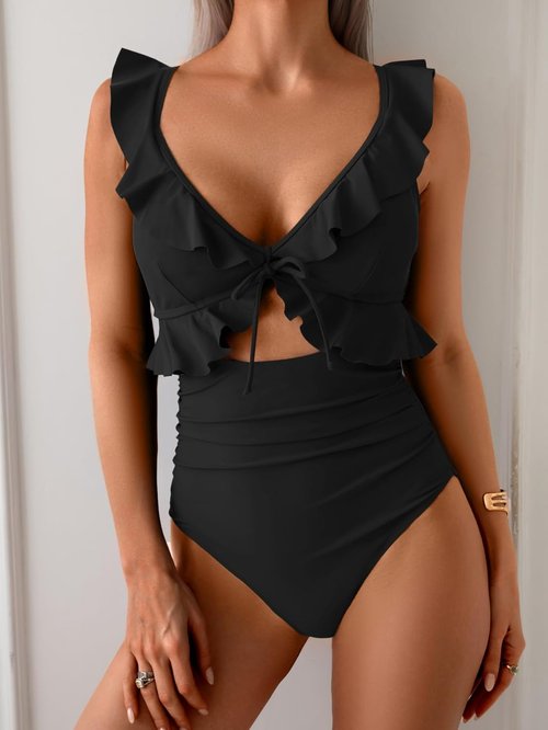 Eomenie One Piece Swimsuit - Tummy Control Ruffle Design | V-Neck Ruched Slimming Cutout, Stylish Fit