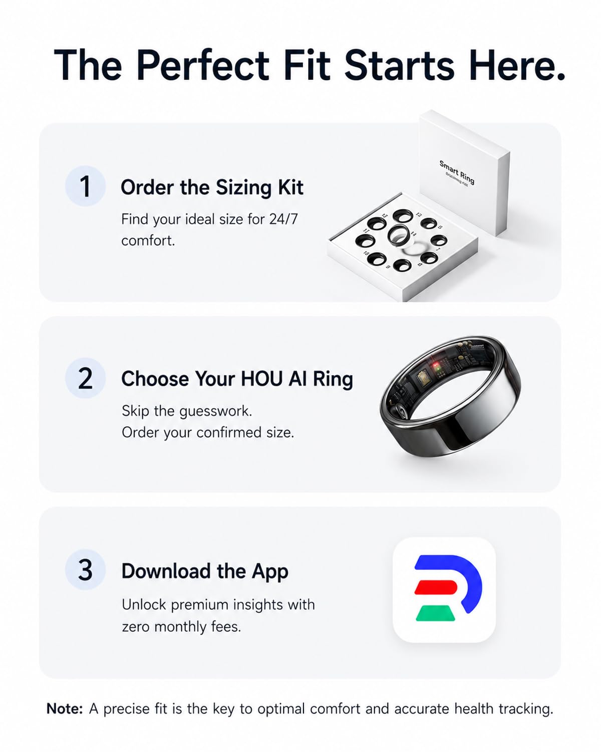 HOU AI Smart Ring for Men & Women, No Subscription Health Tracker Ring & Sleep Tracker Ring, AI Recovery, Heart Rate, SpO2, 5ATM Waterproof Ceramic Black w/Charging Case, Size 10