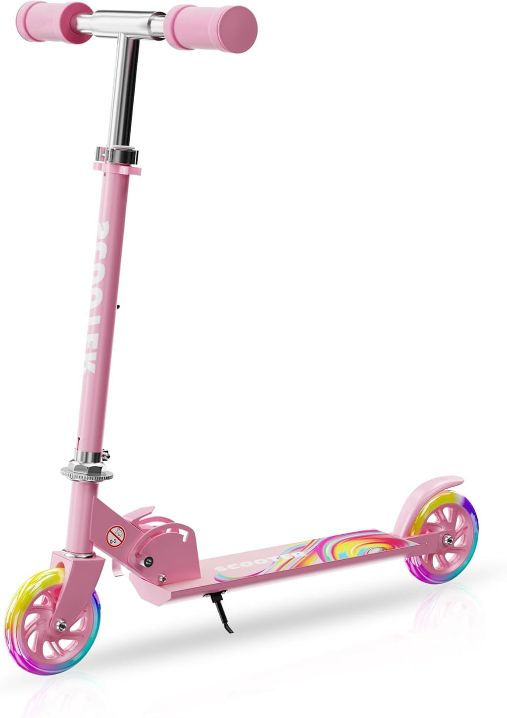 Skiennix Kids Kick Scooter - Adjustable 3-Level Height, LED Light-Up, Lightweight Foldable - Girly Pink