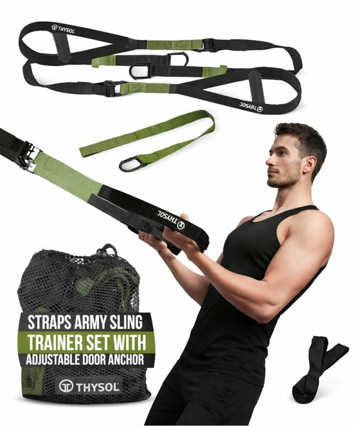 THYSOL® Resistance Trainer Pro Exercise Straps Army | Sling Trainer Set with Adjustable Door Anchor | Fitness Home Workouts - Suitable for Travelling & for Training Indoor & Outdoor (Army Green)