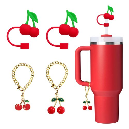 LUHOHI 4Pcs Red Cherry Charms Accessories for Stanley Cup, 3D Cherry Straws Toppers 10mm Cute Reusable Silicone Covers Fruit Set for Stanley 40 30oz Tumbler Handle Water Bottle Decorations