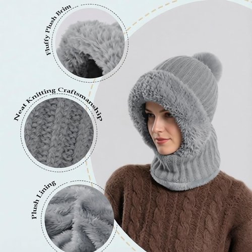 3-in-1 Women’s Winter Beanie Hat & Gloves Set, Knitted Beanie with Scarf Mask, Warm Fleece-Lined Ski Hat with Touchscreen Gloves Grey