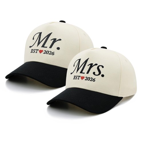 Waldeal Mr and Mrs EST 2026 Couple Hats Set, Matching His and Hers Embroidered Baseball Caps for Wedding, for Couples, Bride and Groom Beige/Black