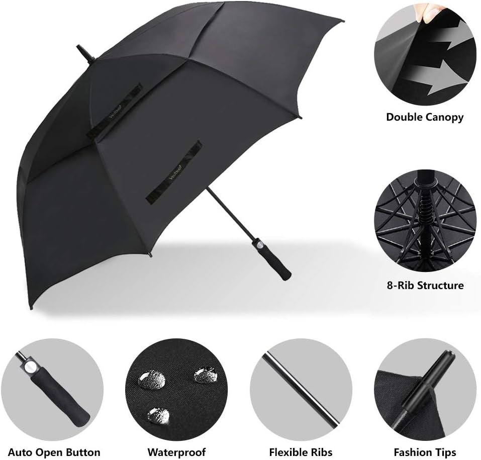 USA Golf Umbrella - Large Oversize Double Canopy Vented Windproof with Teflon Coating | Coal Black