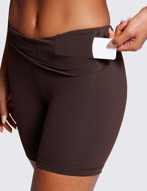 CRZ YOGA Women's Naked Feeling Biker Shorts - 6 Inches High Waist Yoga Workout Running Gym Spandex Hot Fudge Brown Medium