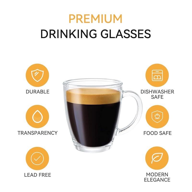 [6 Pack 12 Oz] Premium Glass Coffee Mugs with Handle – 6 Clear Tea Glasses for Hot or Cold Beverages, Ideal for Americano, Latte, or Macchiato – Variation: 6