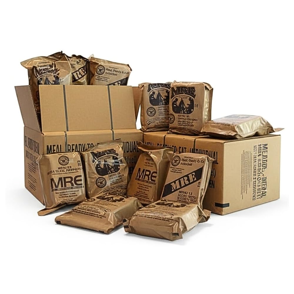 MRE Meals Ready to Eat A and B bundle cases 2027 or 2028 inspection. Genuine Military US surplus emergency food bulk supply full box with heater