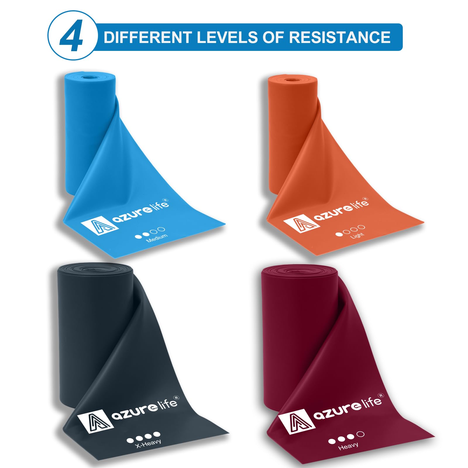 A AZURELIFE Professional Individual Exercise Resistance Bands, Single 5, 6,7 Ft or 8 Yards Elastic Bands, Non-Latex Stretch Bands for PT, Yoga, Pilates, Rehab, at-Home or The Gym Workouts