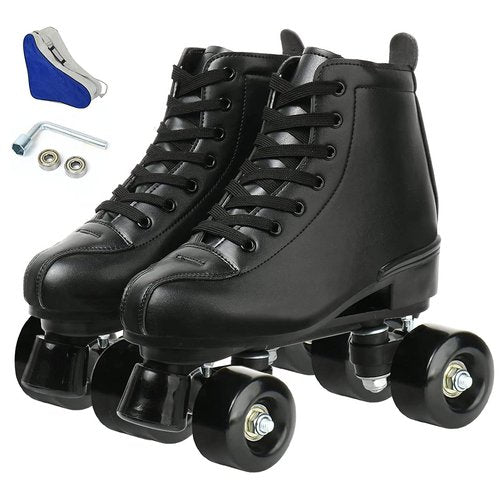 XUDREZ Adjustable High-Top Roller Skates - Soft Leather Four-Wheel Skates for Adults, Boys, Girls (Black Black Wheel, Women's 7.5 / Men's 6)