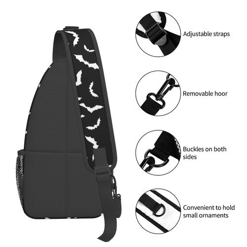 LOSTORCHI Bat Crossbody Sling Bags for Women Men White Flying Bats Silhouettes on Black Background Travel Sling Backpack Casual Chest Shoulder Bag Cool Nocturnal Creatures Animal Print Hiking Daypack