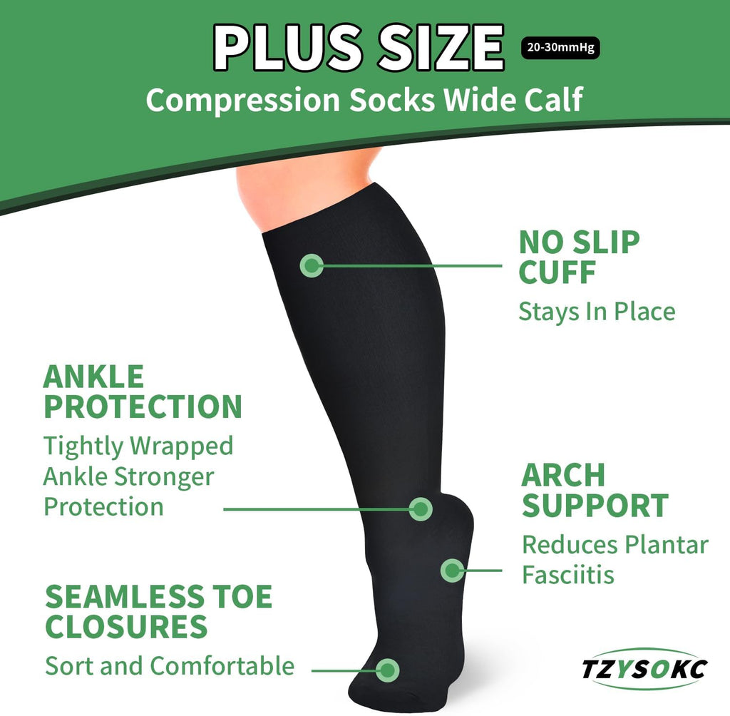 Skiennix Plus Size Compression Socks - 20-30 mmHg Wide Calf Support for Men & Women | Extra Large