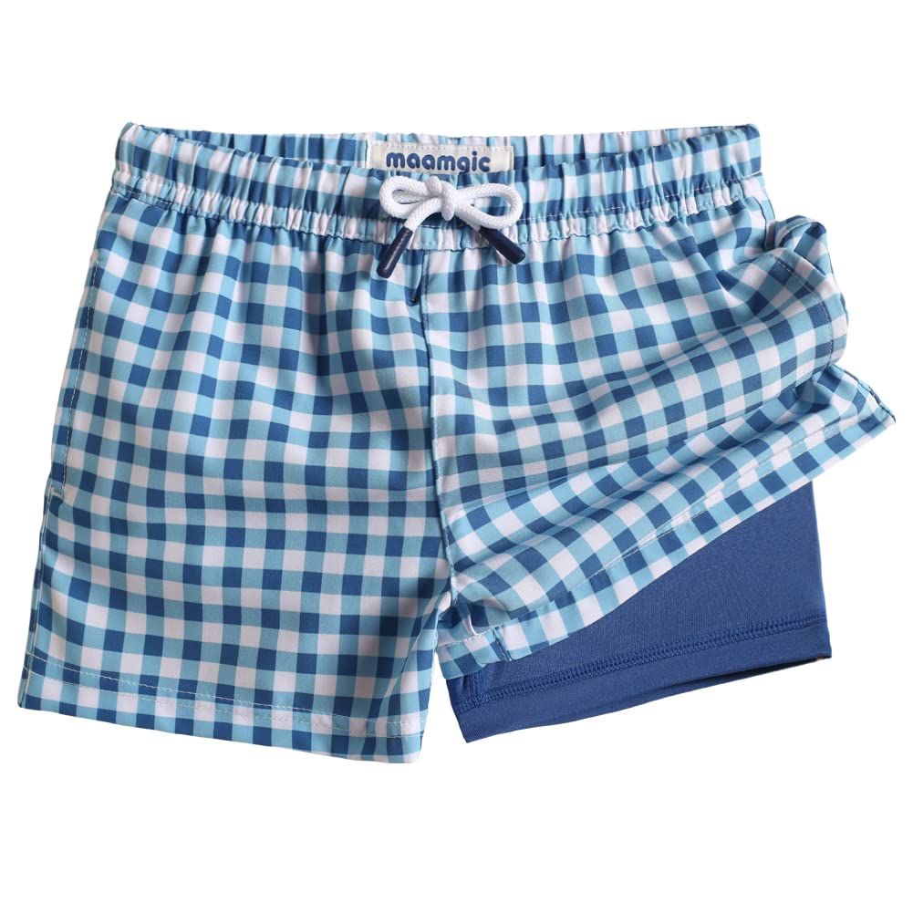 maamgic Boys Swim Trunks with Compression Liner Toddler Boy Swimsuit Quick Dry 4-Way Stretch Swimming Trunks Check Blue 14-16 Years