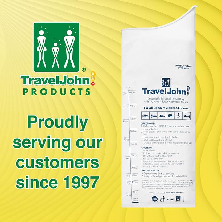 TravelJohn Disposable Urinal Bags 18 Pack Leakproof Unisex Emergency Toilets