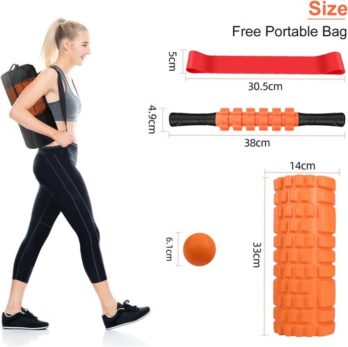 Aucuu Foam Roller Set - 5-in-1 Massage & Stretching Kit with Yoga Stick, Ball, Strap & Bag - Orange